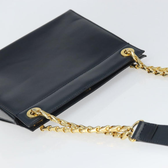 CELINE Chain Shoulder Bag Leather Navy Gold Auth bs33205