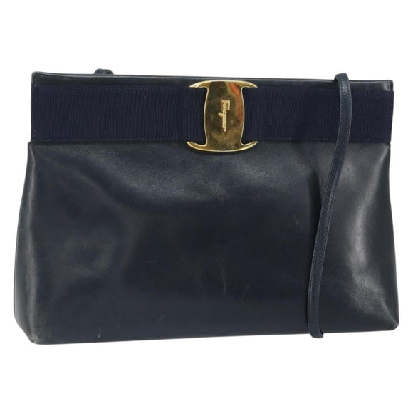 Salvatore Ferragamo Shoulder Bag Leather Navy Gold Auth bs33229