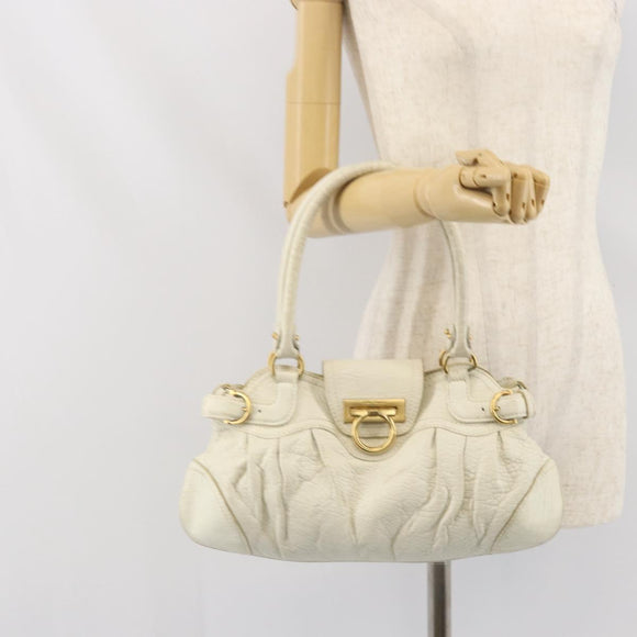 Salvatore Ferragamo Handtasche Leder Weiß Gold Auth bs33230