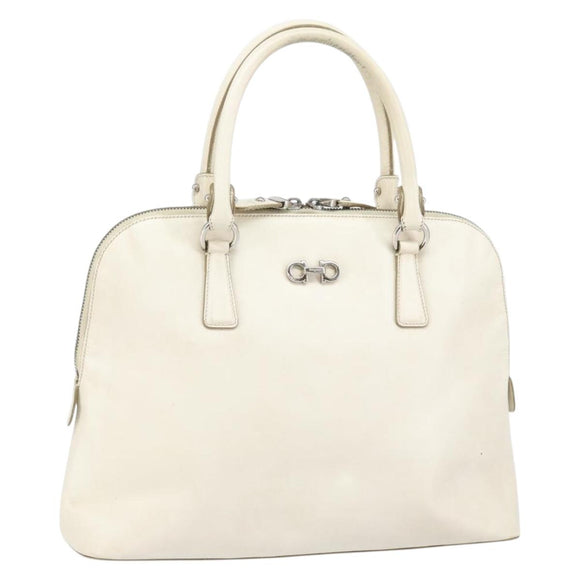 Salvatore Ferragamo Hand Bag Leather White Silver Auth bs33235