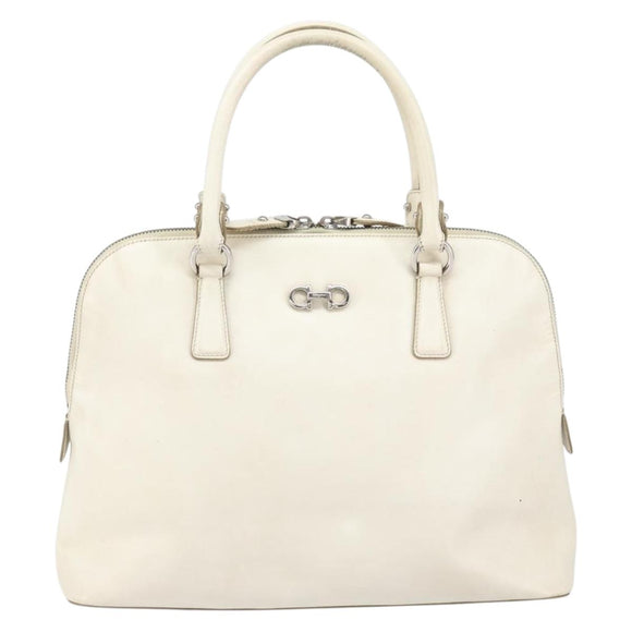 Salvatore Ferragamo Hand Bag Leather White Silver Auth bs33235