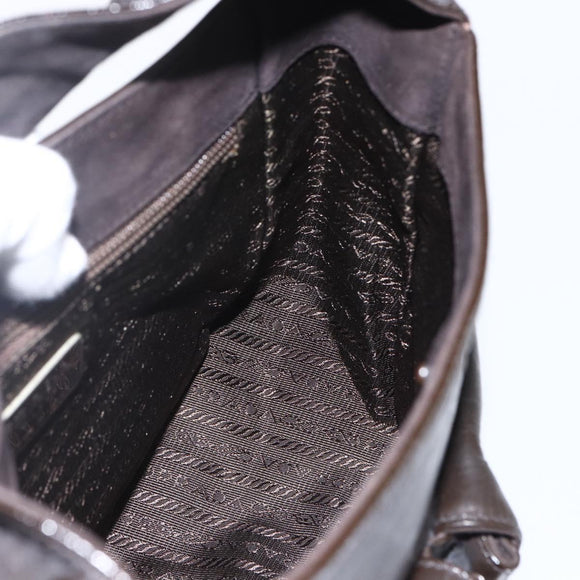 PRADA Hand Bag Leather Brown Silver Auth bs33238