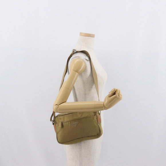 PRADA Shoulder Bag Nylon Beige Silver Auth bs33242