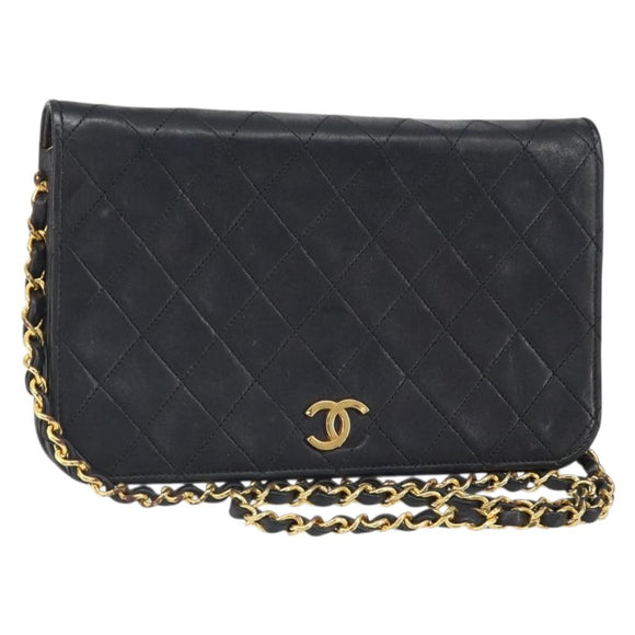 CHANEL Matelasse Chain Shoulder Bag Lamb Skin Black Gold CC Auth bs33250