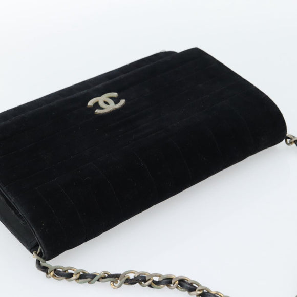 CHANEL Mademoiselle Chain Shoulder Bag Velor Black Gold CC Auth bs33251