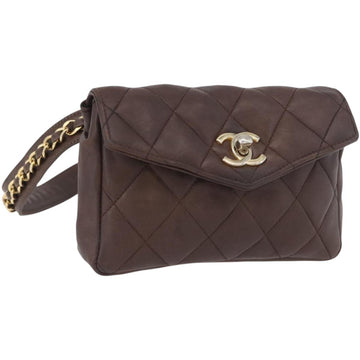 CHANEL Matelasse Waist bag Lamb Skin Brown Gold CC Auth bs33252