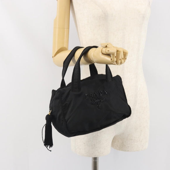 PRADA Hand Bag Nylon Black Gold Auth bs33258