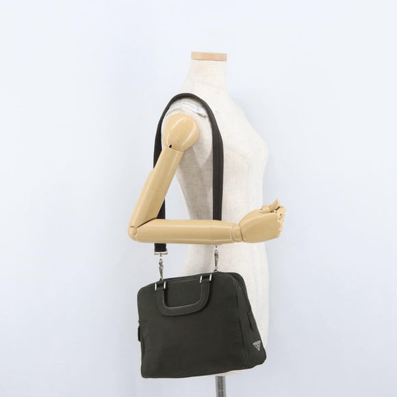 PRADA Hand Bag Nylon 2way Khaki Silver Auth bs33285