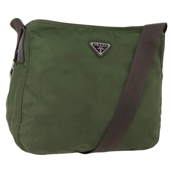 PRADA Shoulder Bag Nylon Khaki Silver Auth bs33303