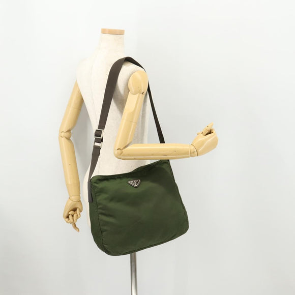 PRADA Shoulder Bag Nylon Khaki Silver Auth bs33303