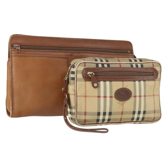 Burberry Nova Check Clutch Tasche Leder PVC 2er Set Beige Braun Auth bs33346