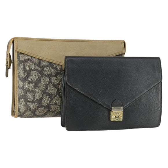 SAINT LAURENT Clutch Tas PVC Leer 2 Set Bruin Zwart Auth bs33349