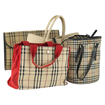 BURBERRY Nova Check Shoulder Bag Canvas PVC 4 Set Beige Red Auth bs33350