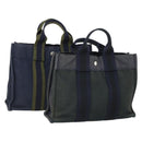 HERMES Fourre Tout Hand Bag Canvas 2 Set Gray Navy Auth bs33354-1