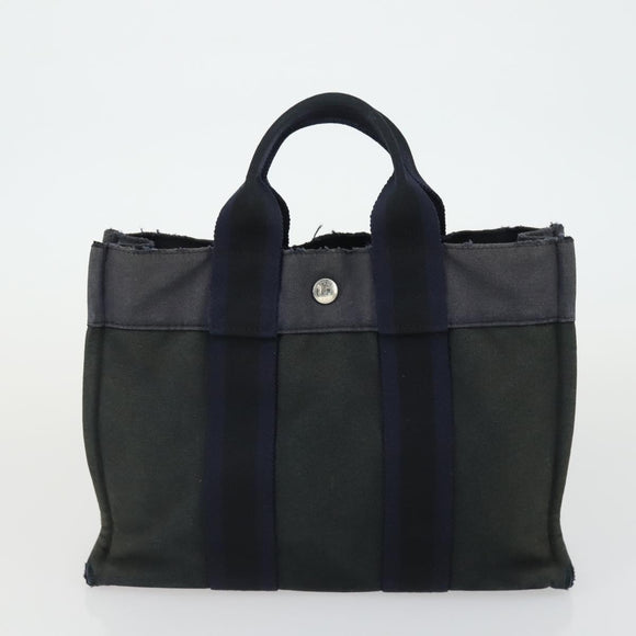 HERMES Fourre Tout Hand Bag Canvas 2 Set Gray Navy Auth bs33354