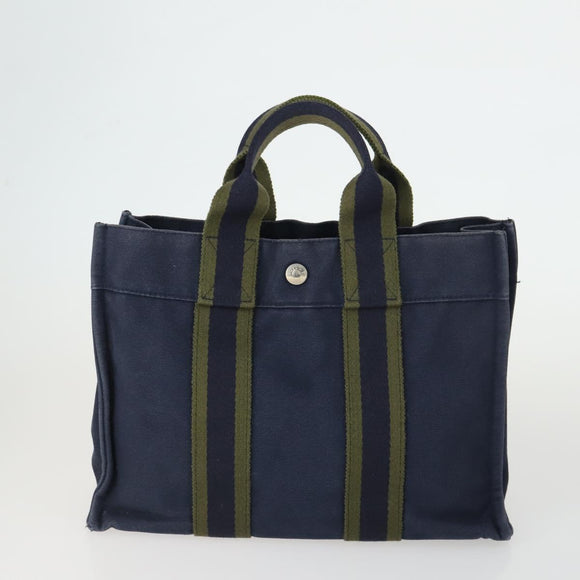 HERMES Fourre Tout Hand Bag Canvas 2 Set Gray Navy Auth bs33354