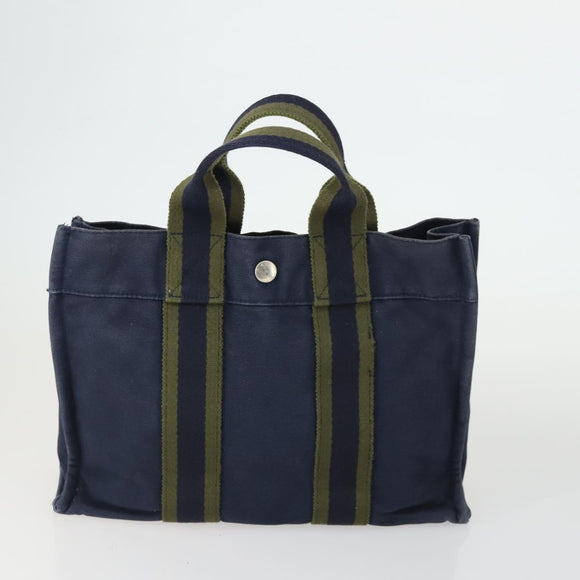 HERMES Fourre Tout Hand Bag Canvas 2 Set Gray Navy Auth bs33354