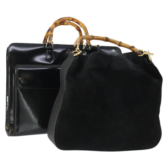 GUCCI Bamboo Hand Bag Patent leather 2 Set Black Auth bs33355