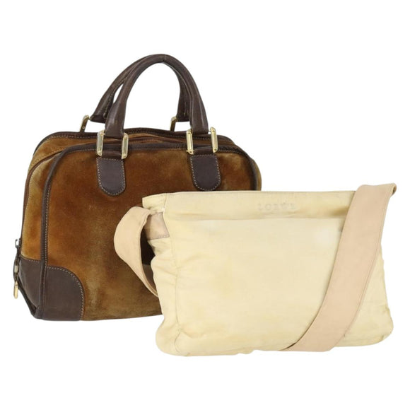 LOEWE Hand Bag Leather nylon 2 Set Brown White Auth bs33357