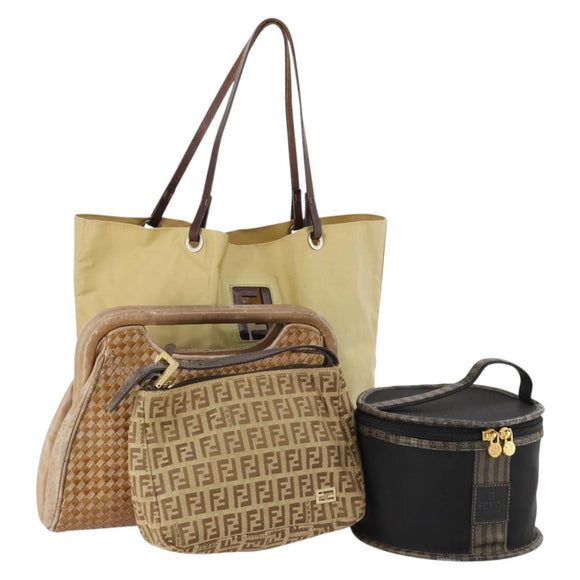 FENDI Zucchino Canvas Bag Leather Nylon 4 Set Brown Black beige Auth bs33366