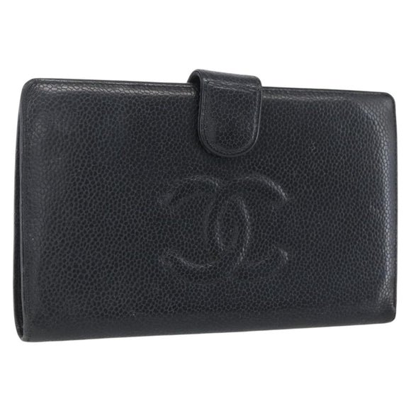 CHANEL Wallet Caviar Skin Black Gold CC Auth bs33372