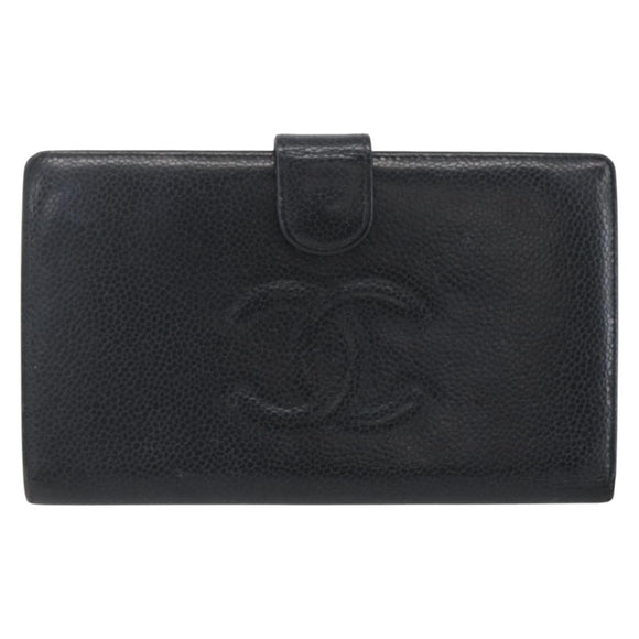 CHANEL Wallet Caviar Skin Black Gold CC Auth bs33372