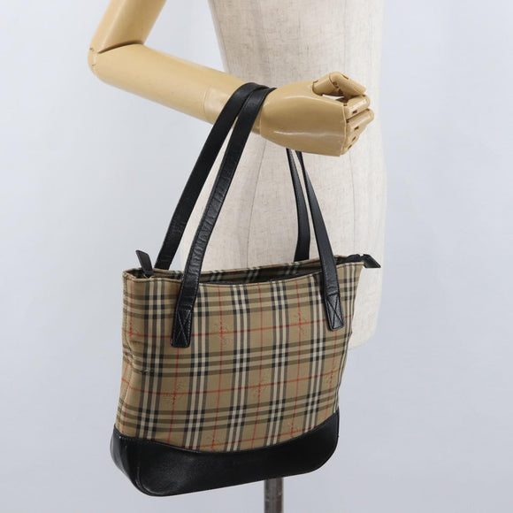 BURBERRY Nova Check Hand Bag Canvas Beige Gold Auth bs33397