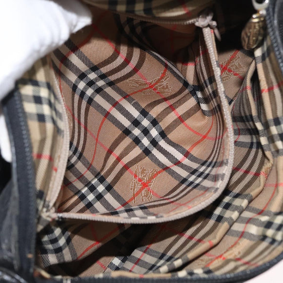 Burberrys Hand Bag Leather Black Gold Auth bs33429