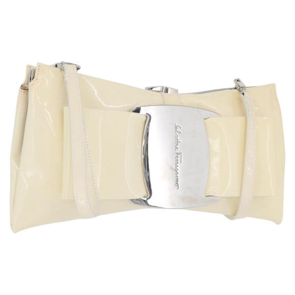 Salvatore Ferragamo Shoulder Bag Patent leather Cream Silver Auth bs33471