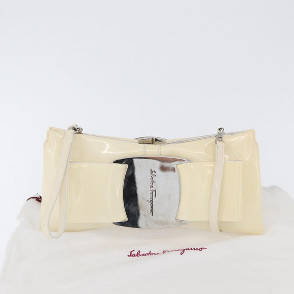 Salvatore Ferragamo Shoulder Bag Patent leather Cream Silver Auth bs33471