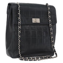 CHANEL Choco Bar Chain Shoulder Bag Lamb Skin Black Silver CC Auth bs33473-1