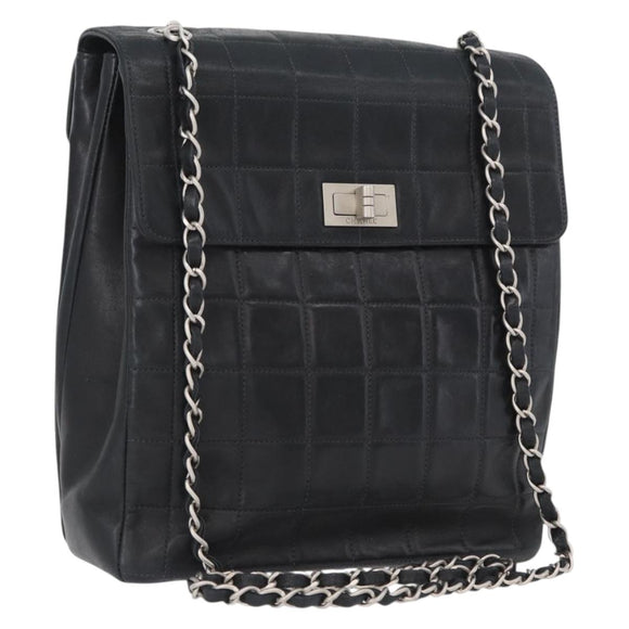 CHANEL Choco Bar Chain Shoulder Bag Lamb Skin Black Silver CC Auth bs33473
