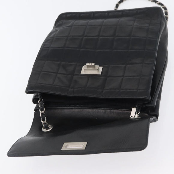 CHANEL Choco Bar Chain Shoulder Bag Lamb Skin Black Silver CC Auth bs33473