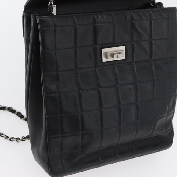 CHANEL Choco Bar Chain Shoulder Bag Lamb Skin Black Silver CC Auth bs33473