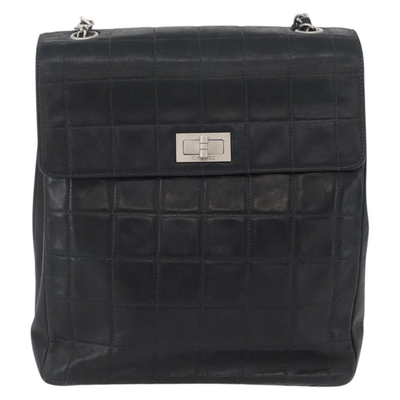 CHANEL Choco Bar Chain Shoulder Bag Lamb Skin Black Silver CC Auth bs33473
