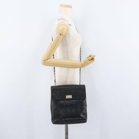 CHANEL Choco Bar Chain Shoulder Bag Lamb Skin Black Silver CC Auth bs33473