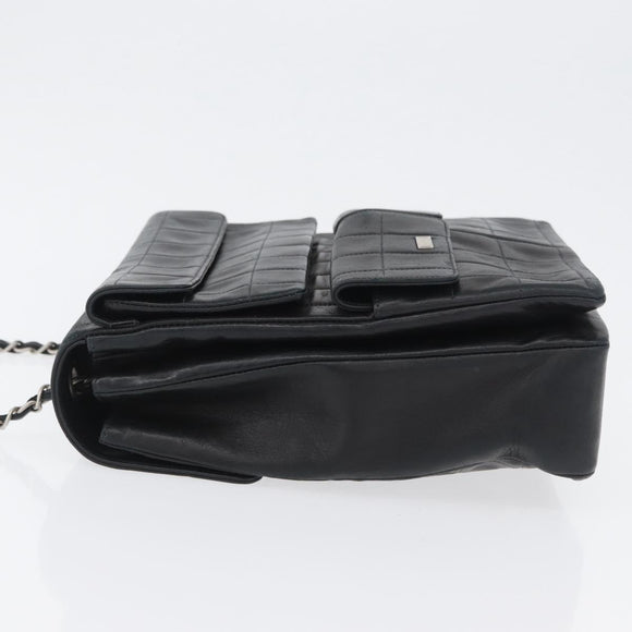 CHANEL Choco Bar Chain Shoulder Bag Lamb Skin Black Silver CC Auth bs33473