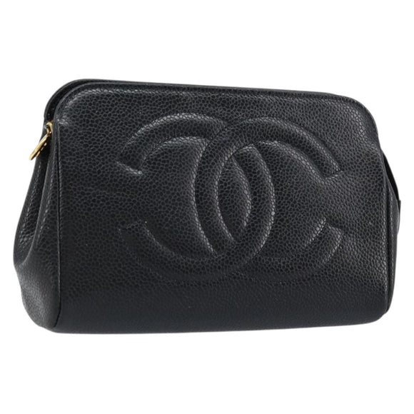 CHANEL Pouch Caviar Skin Black Gold CC Auth bs33477