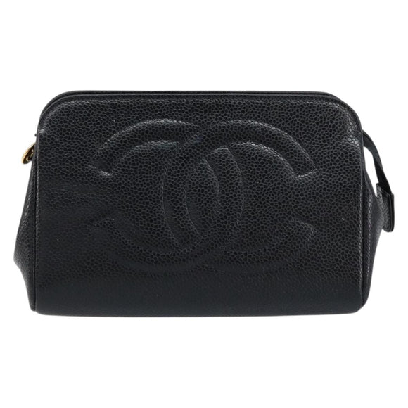CHANEL Pouch Caviar Skin Black Gold CC Auth bs33477