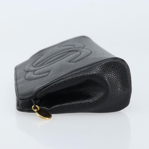CHANEL Pouch Caviar Skin Black Gold CC Auth bs33477