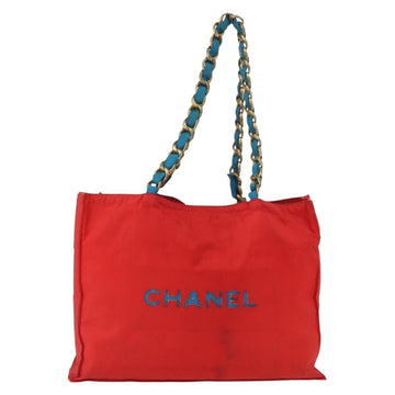 CHANEL Chain Tote Bag Canvas Red Gold CC Auth bs33510 - 0