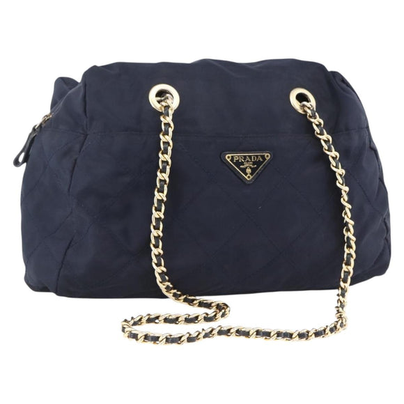 PRADA Chain Shoulder Bag Nylon Navy Gold Auth bs33521