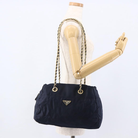 PRADA Chain Shoulder Bag Nylon Navy Gold Auth bs33521
