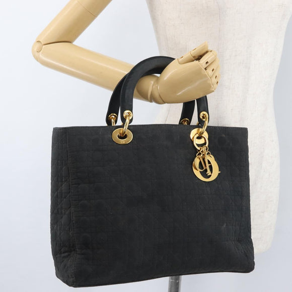 Christian Dior Canage Hand Bag Nylon Black Gold Auth bs33545