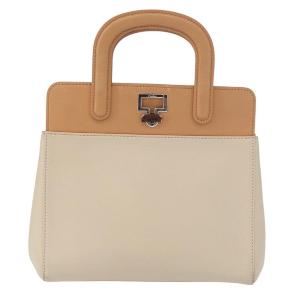 CARTIER Hand Bag Leather Beige Silver Auth bs33554