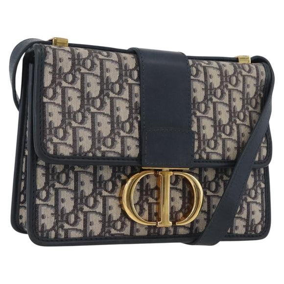 Christian Dior Trotter Canvas Oblique Shoulder Bag Navy Gold Auth bs33570
