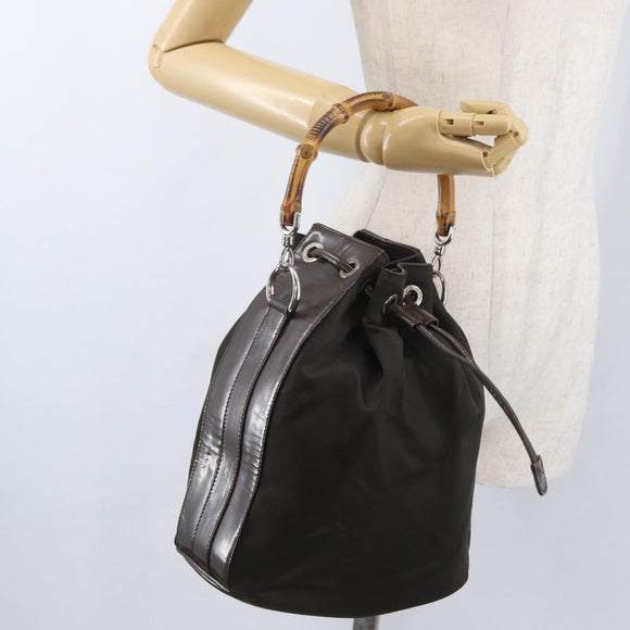 GUCCI Bamboo Hand Bag Nylon Khaki Silver 001 3754 1657 Auth bs33590