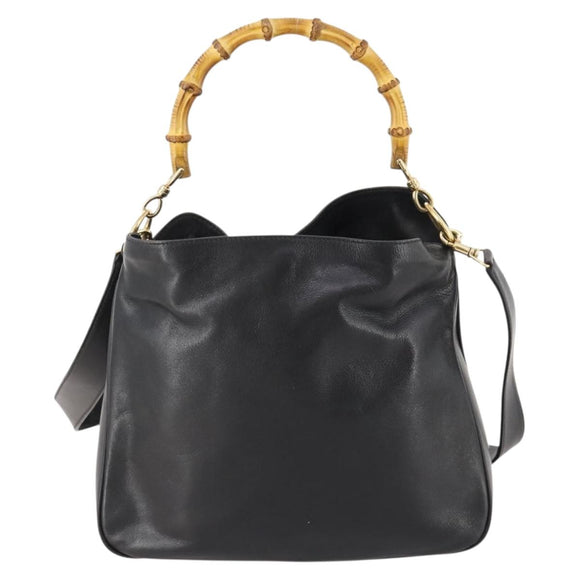 GUCCI Bamboo Hand Bag Leather 2way Black Gold 001 1705 1638 Auth bs33593
