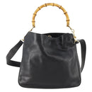 GUCCI Bamboo Hand Bag Leather 2way Black Gold 001 1705 1638 Auth bs33593-3