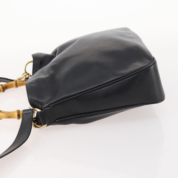 GUCCI Bamboo Hand Bag Leather 2way Black Gold 001 1705 1638 Auth bs33593